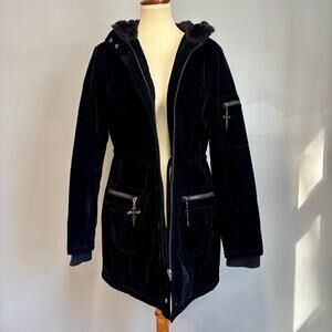 Killstar Stormy Daze Velvet Faux Fur Hood Goth Parka Jacket, Women's size large